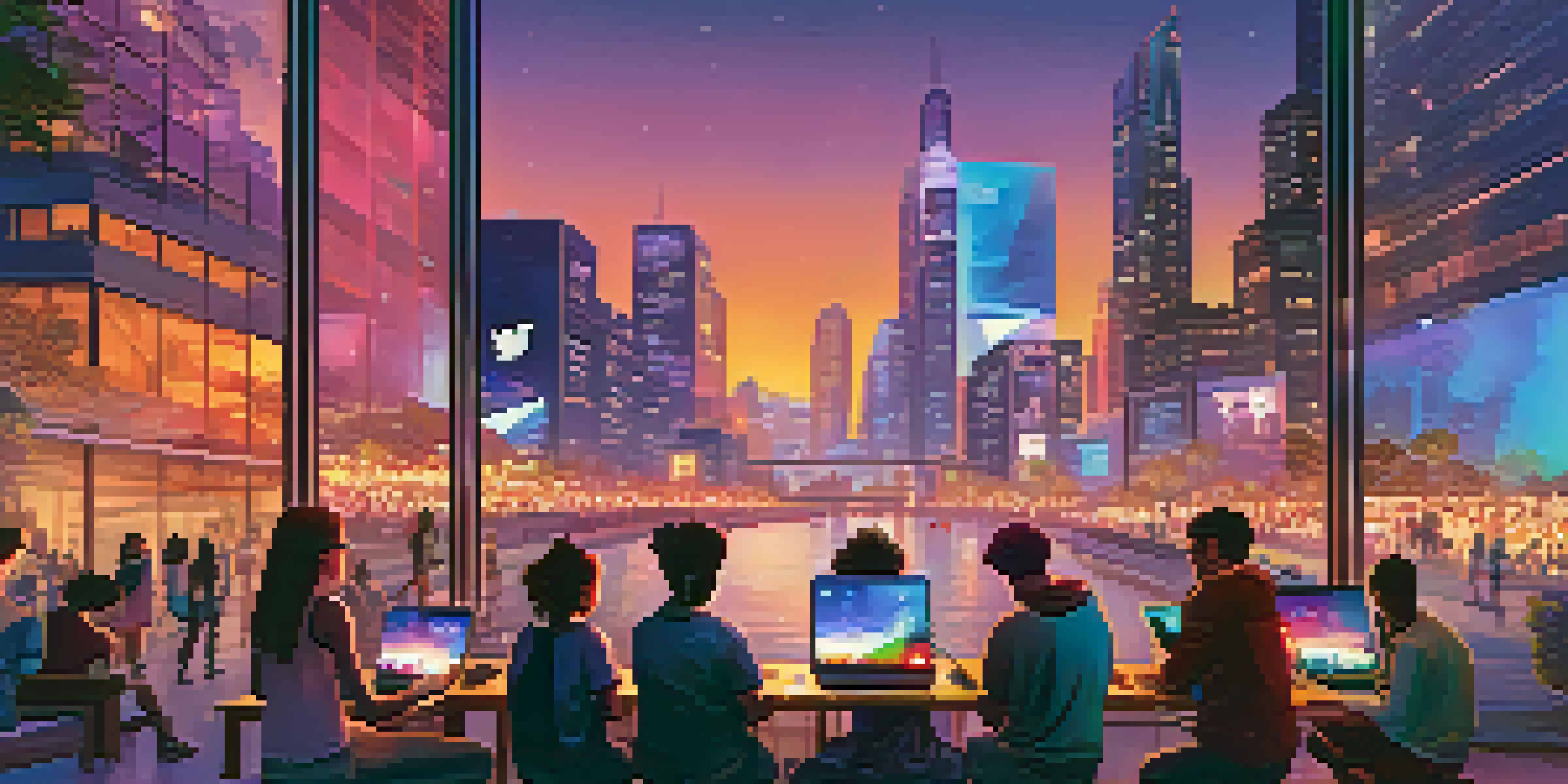 A colorful cityscape at dusk with people using devices, showcasing a sense of community and technology.