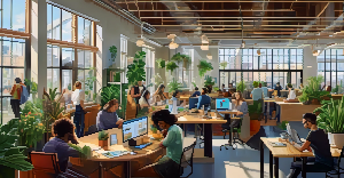 A lively co-working space with diverse gig workers collaborating and working on laptops under bright natural light.