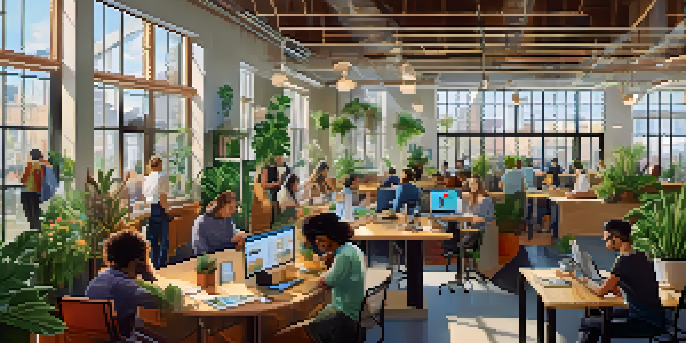 A lively co-working space with diverse gig workers collaborating and working on laptops under bright natural light.