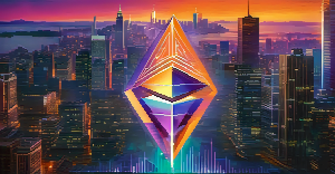 A close-up of the Ethereum symbol with digital financial elements and a blurred city skyline at dusk.