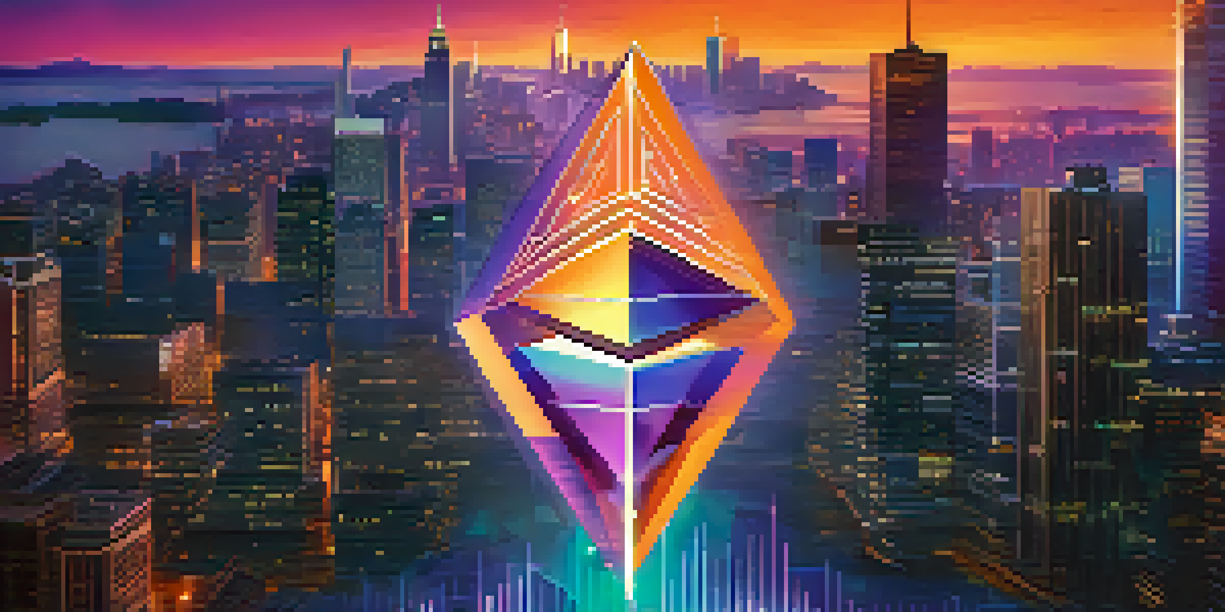 A close-up of the Ethereum symbol with digital financial elements and a blurred city skyline at dusk.