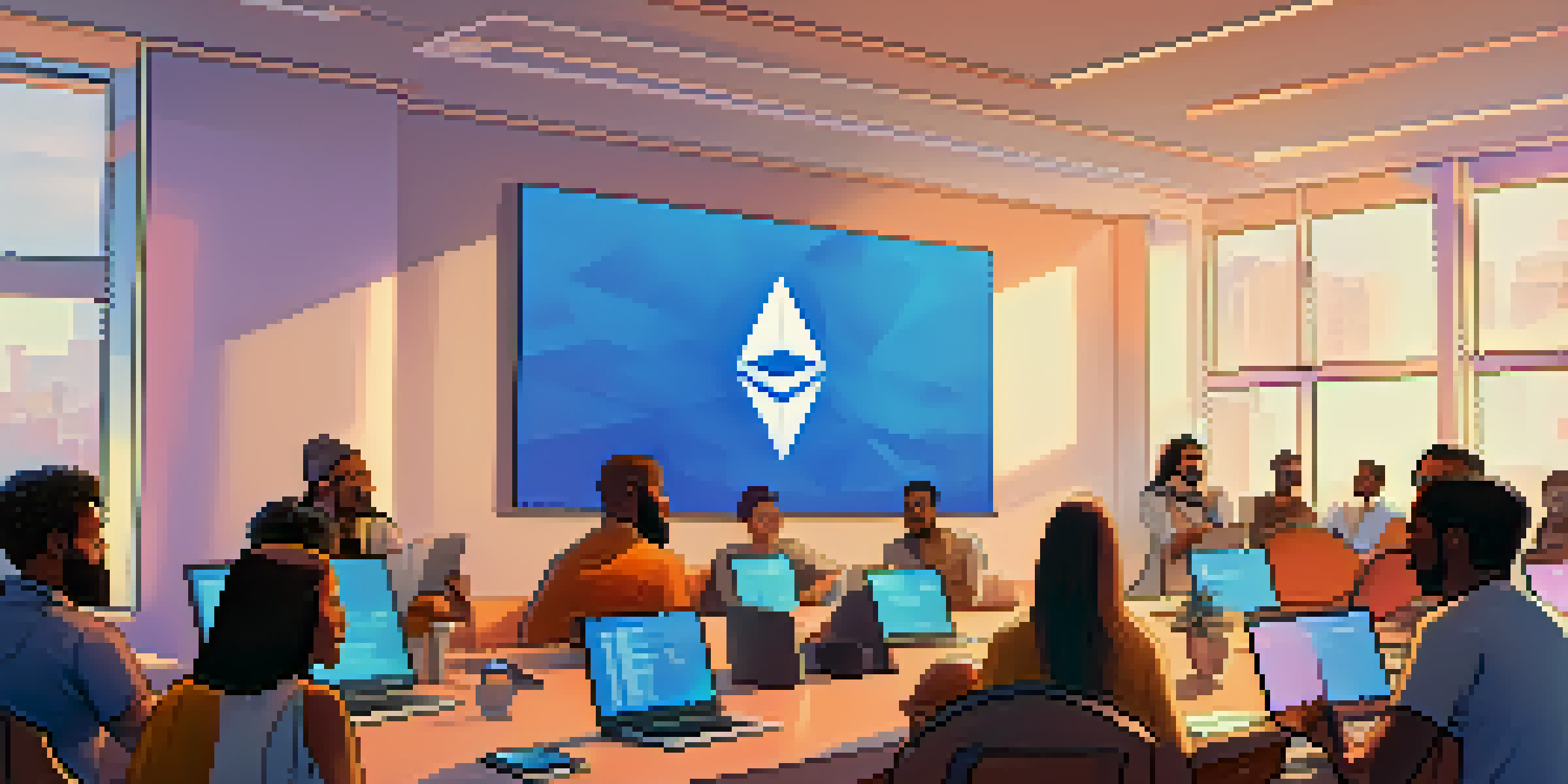 A diverse group of people in a modern meeting room discussing Ethereum governance, with laptops and a large screen displaying graphics.