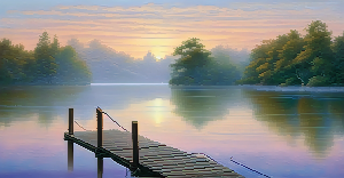 A tranquil lake at sunrise with mist, a wooden dock, and lush greenery.