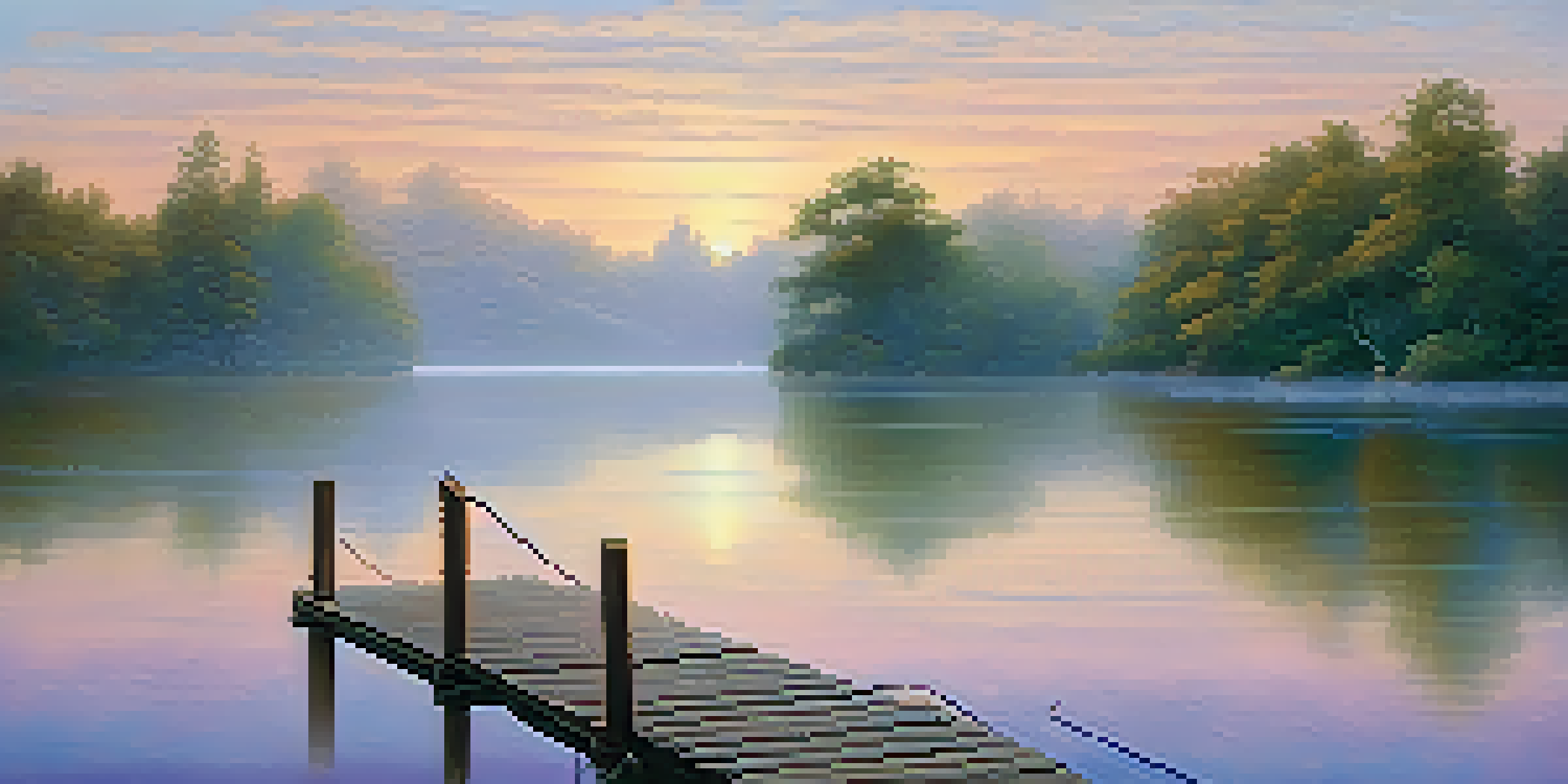 A tranquil lake at sunrise with mist, a wooden dock, and lush greenery.
