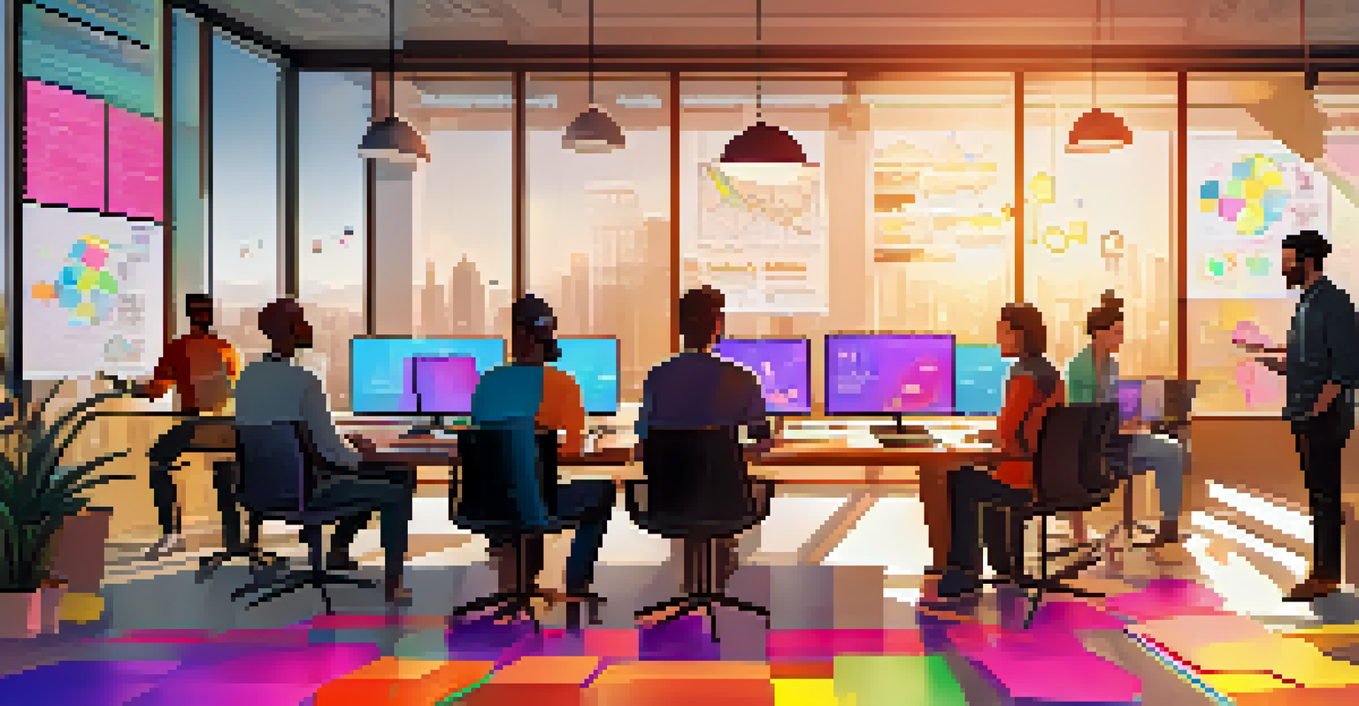 A diverse group of developers working together on blockchain technology concepts in a bright modern office.