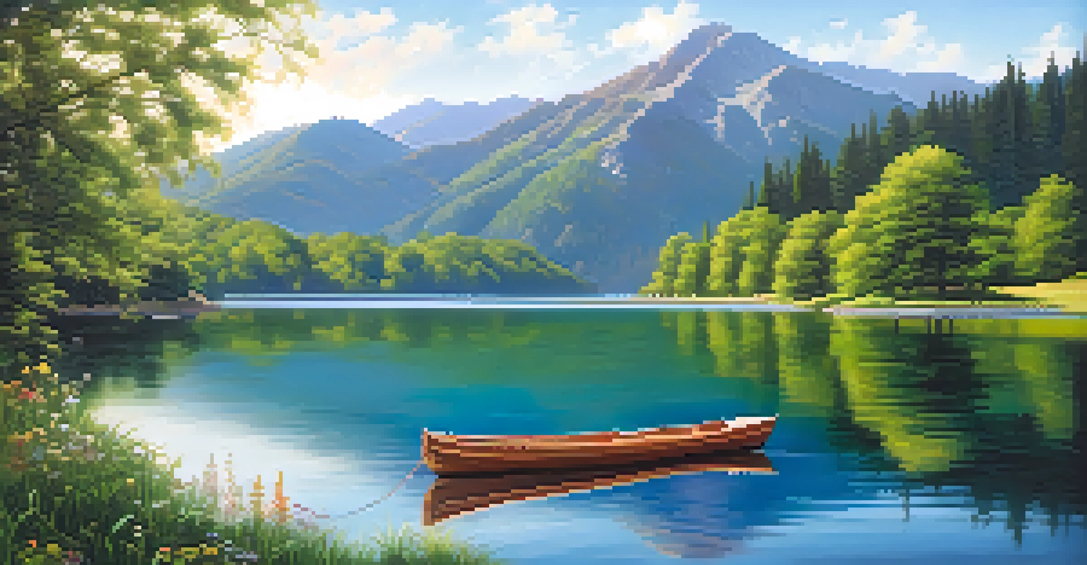 A calm lake surrounded by mountains and wildflowers under a clear sky.