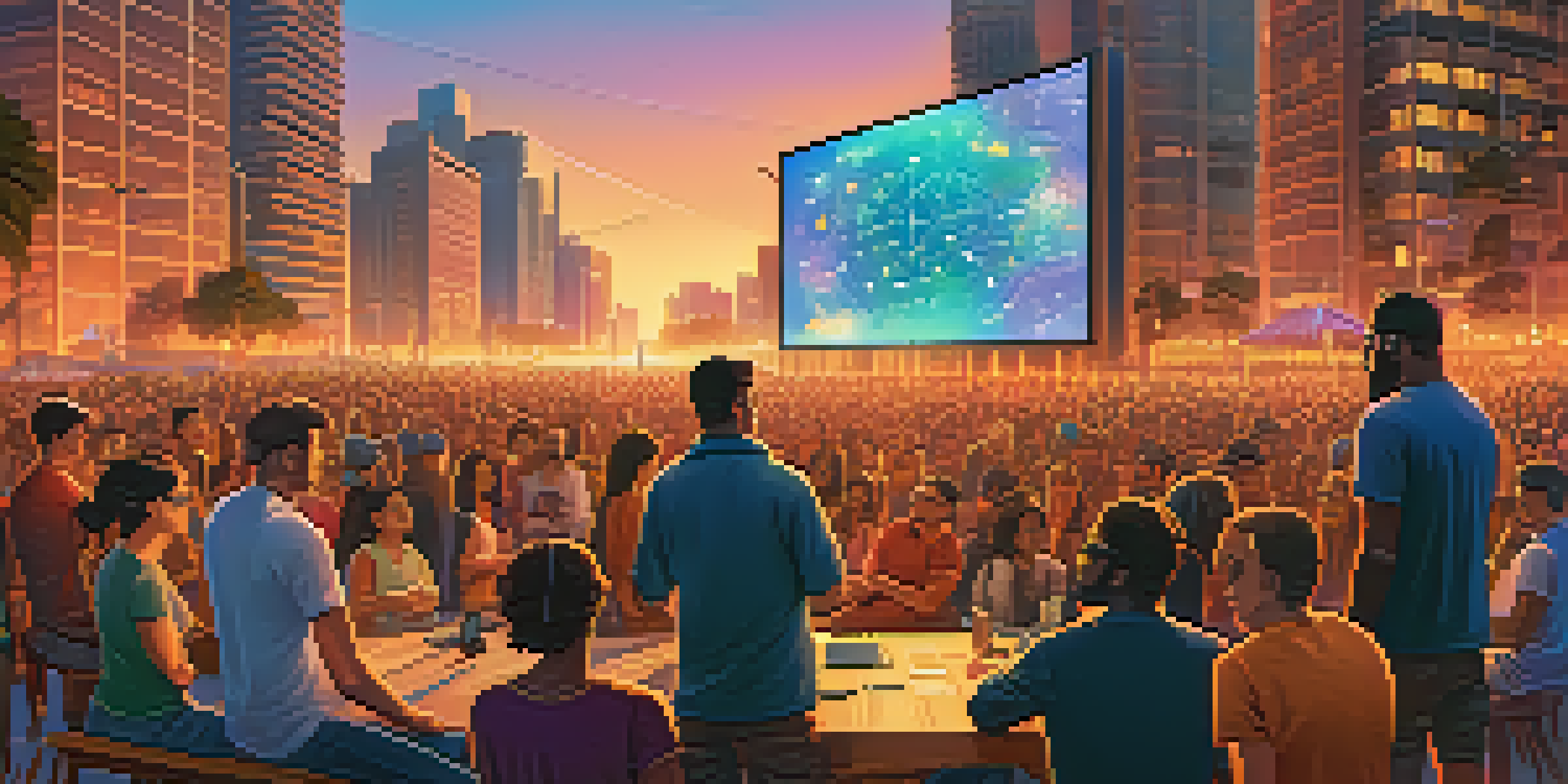 A diverse group of people discussing a blockchain governance proposal in front of a digital screen, with a modern cityscape in the background during sunset.