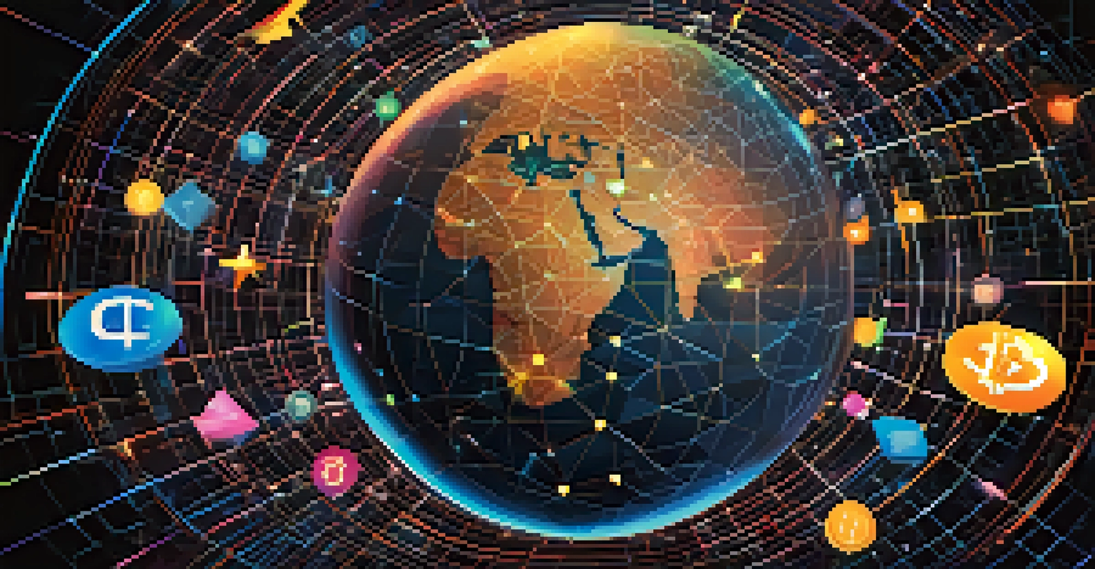 An artistic representation of decentralized finance with a globe surrounded by digital currency symbols and blockchain connections against a dark background.