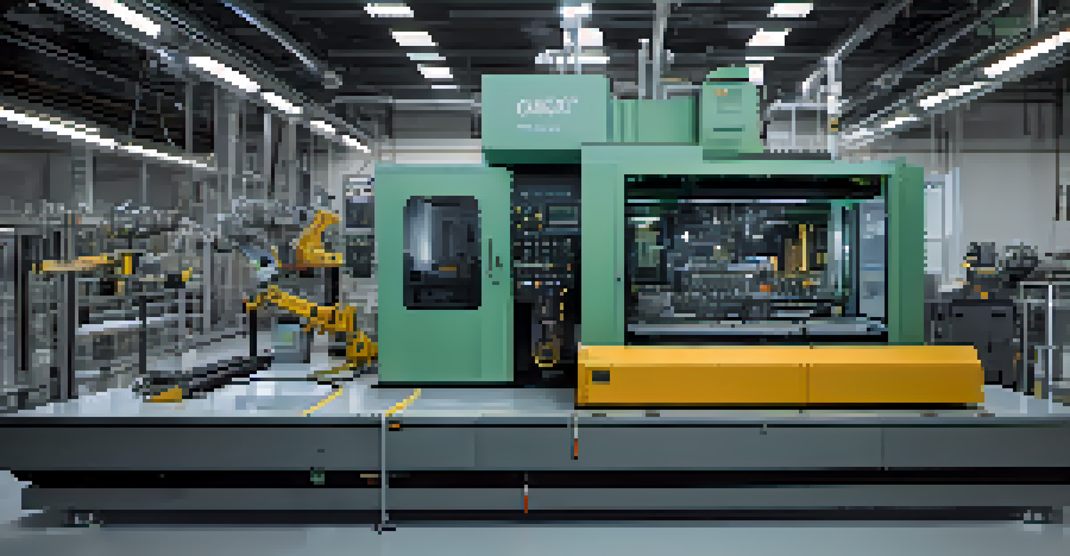 An industrial view displaying a physical manufacturing machine alongside its holographic digital twin filled with data points.