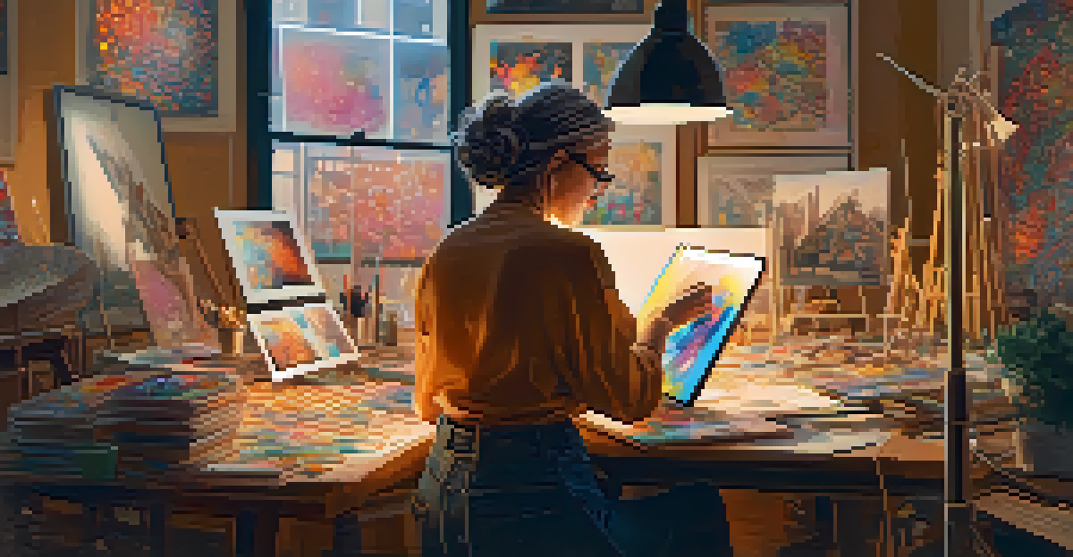 An artist in a cozy studio creating NFT art on a tablet with colorful paint tubes around.