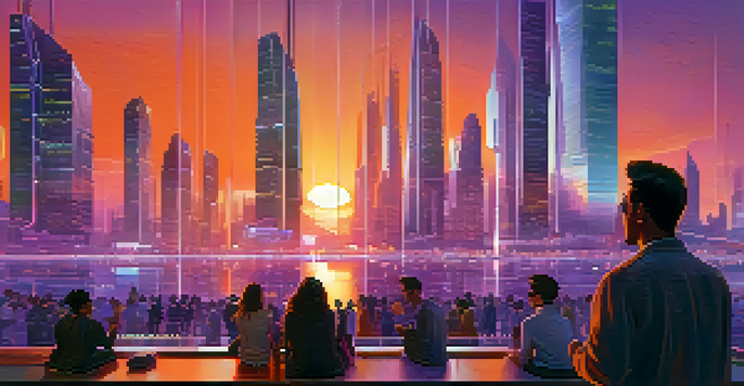 A futuristic city skyline with glass skyscrapers reflecting a colorful sunset, featuring people interacting with holographic displays.