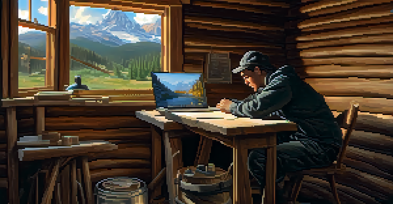 A lone miner in a rustic cabin, working on a laptop with Ethereum mining software illuminated by soft lighting.