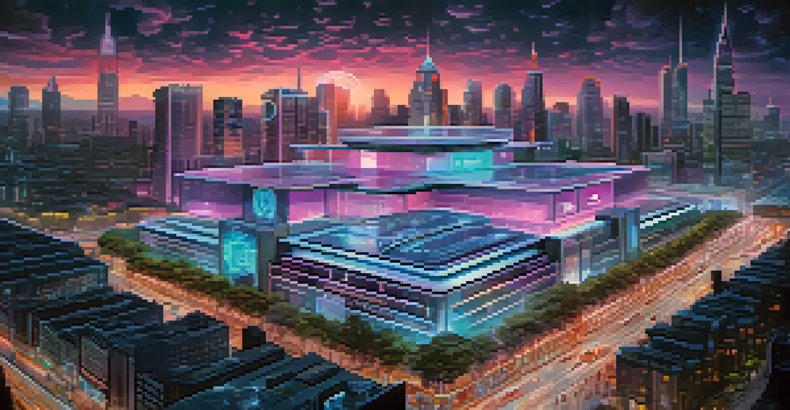 A futuristic city with a government building and holographic displays illustrating real-time voting and blockchain technology in governance.