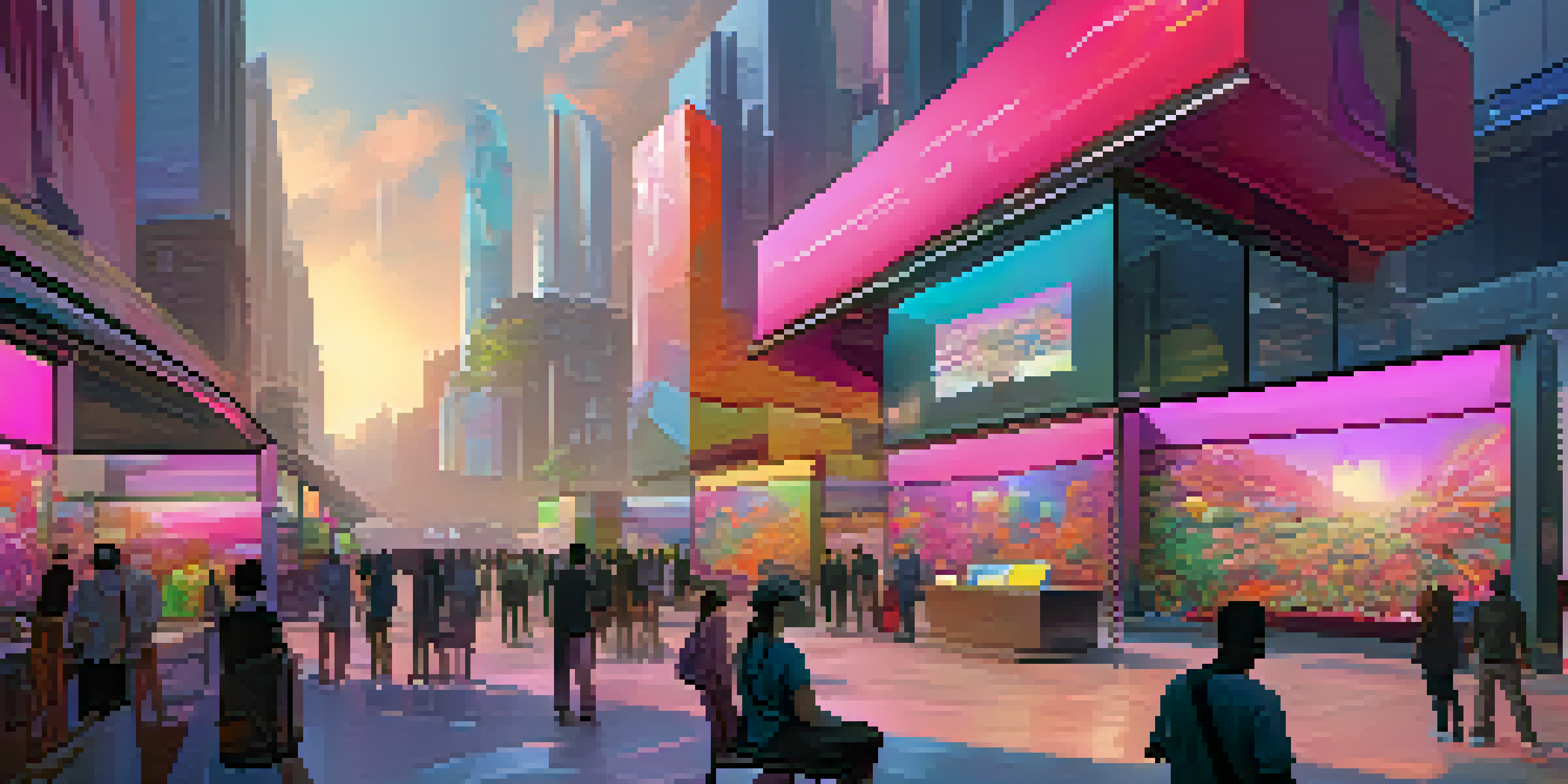 A digital art marketplace filled with unique NFTs, artists, and collectors interacting in a vibrant, modern setting.