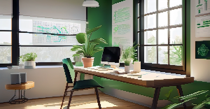 A modern workspace with a laptop showing blockchain graphics, a notepad, and a coffee cup, bathed in soft natural light.
