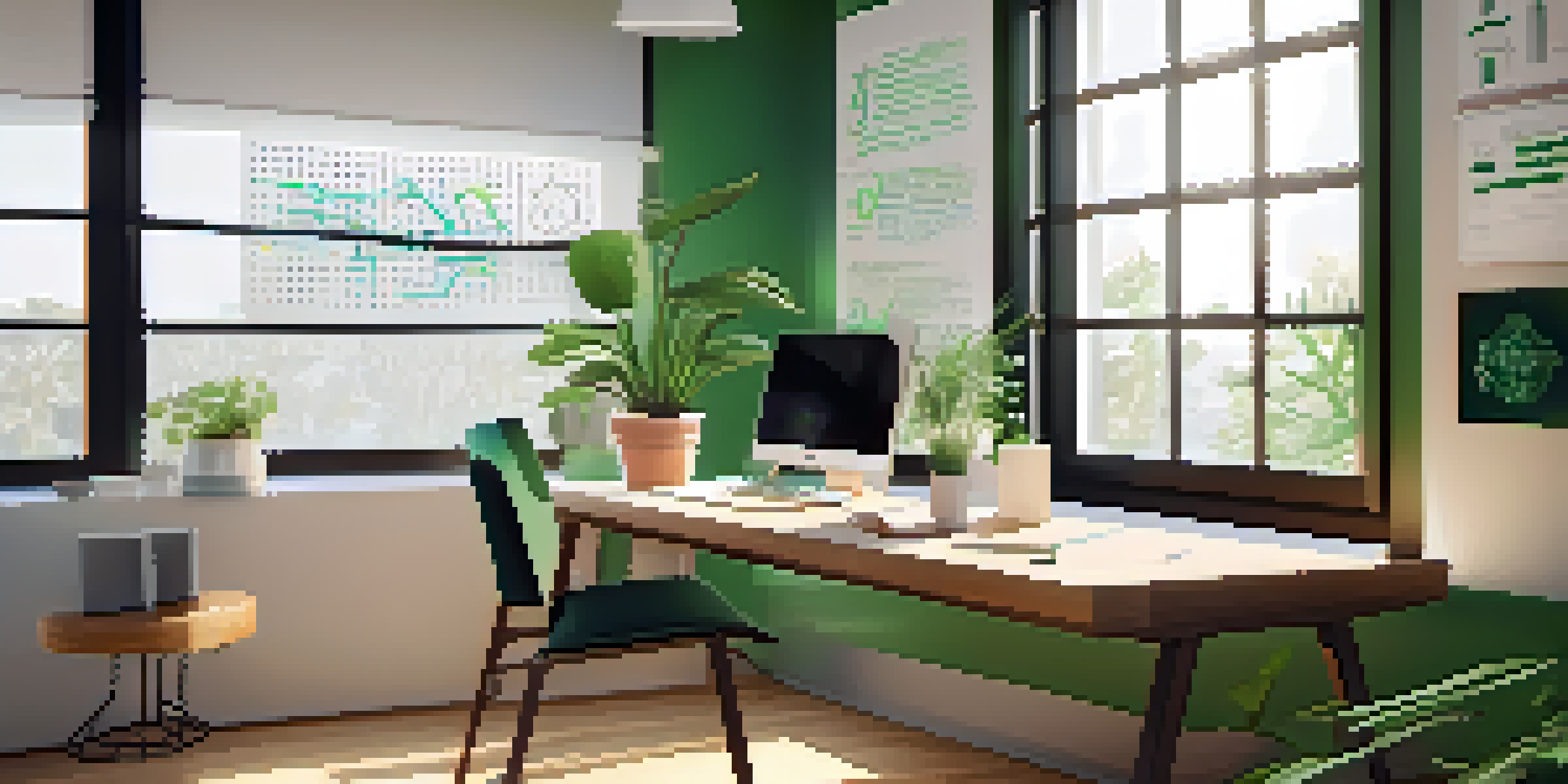 A modern workspace with a laptop showing blockchain graphics, a notepad, and a coffee cup, bathed in soft natural light.