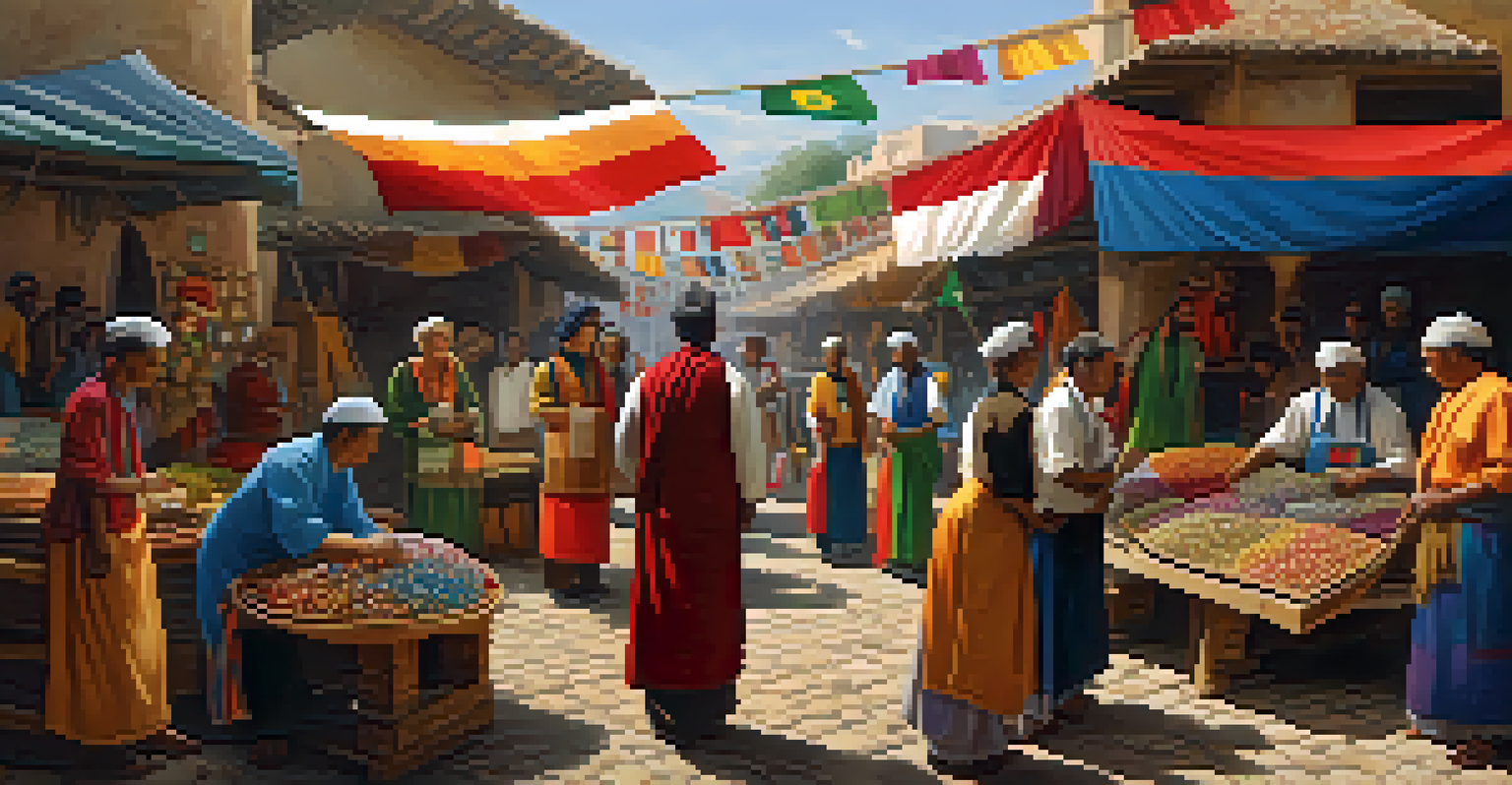 A diverse group of artisans showcasing their crafts in an open-air market, with flags from different countries in the background.