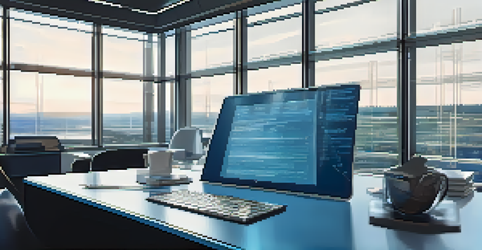 A close-up of a digital screen displaying a smart contract with lines of code, set in a modern office with natural light.