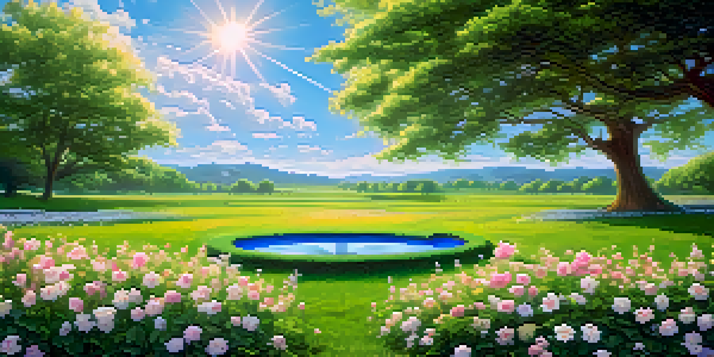 A tranquil landscape featuring a tablet with Ethereum smart contract code, surrounded by flowers and greenery under a blue sky.