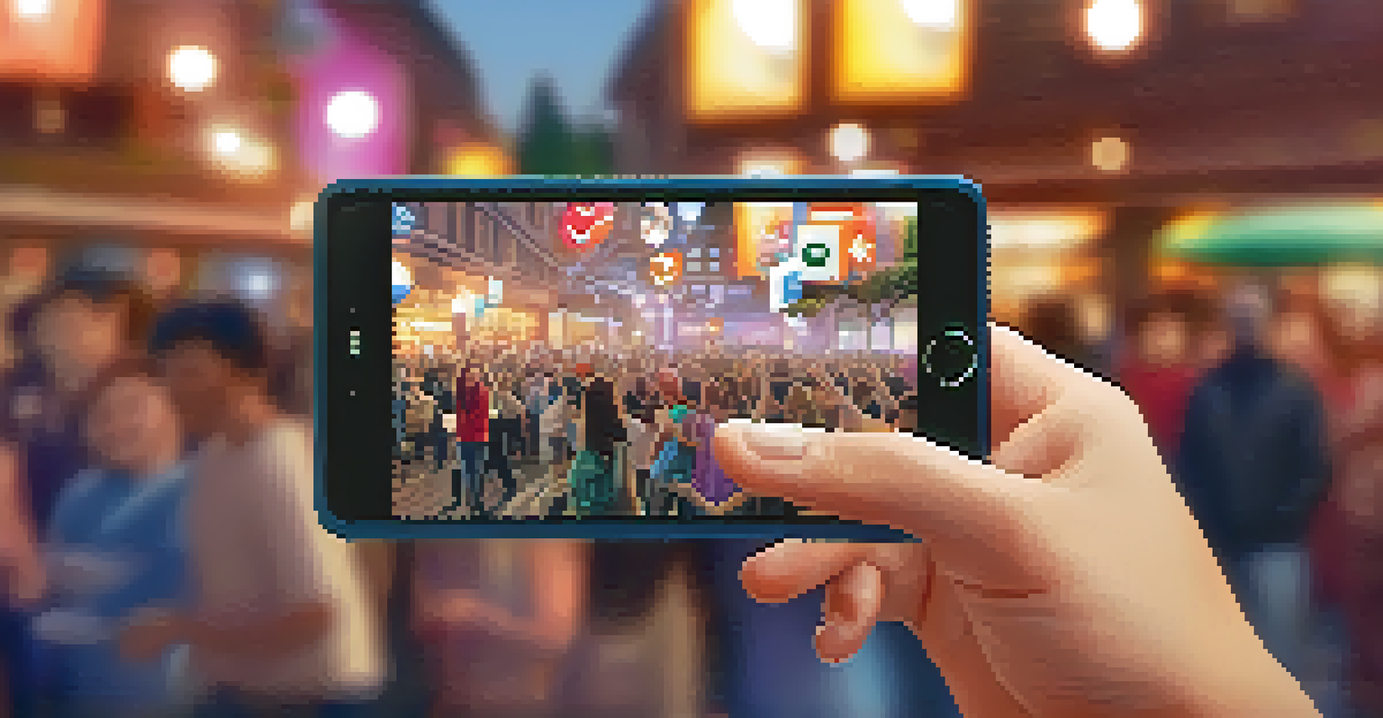 A hand holding a digital device showing social tokens, with a happy person in the background at a community event.