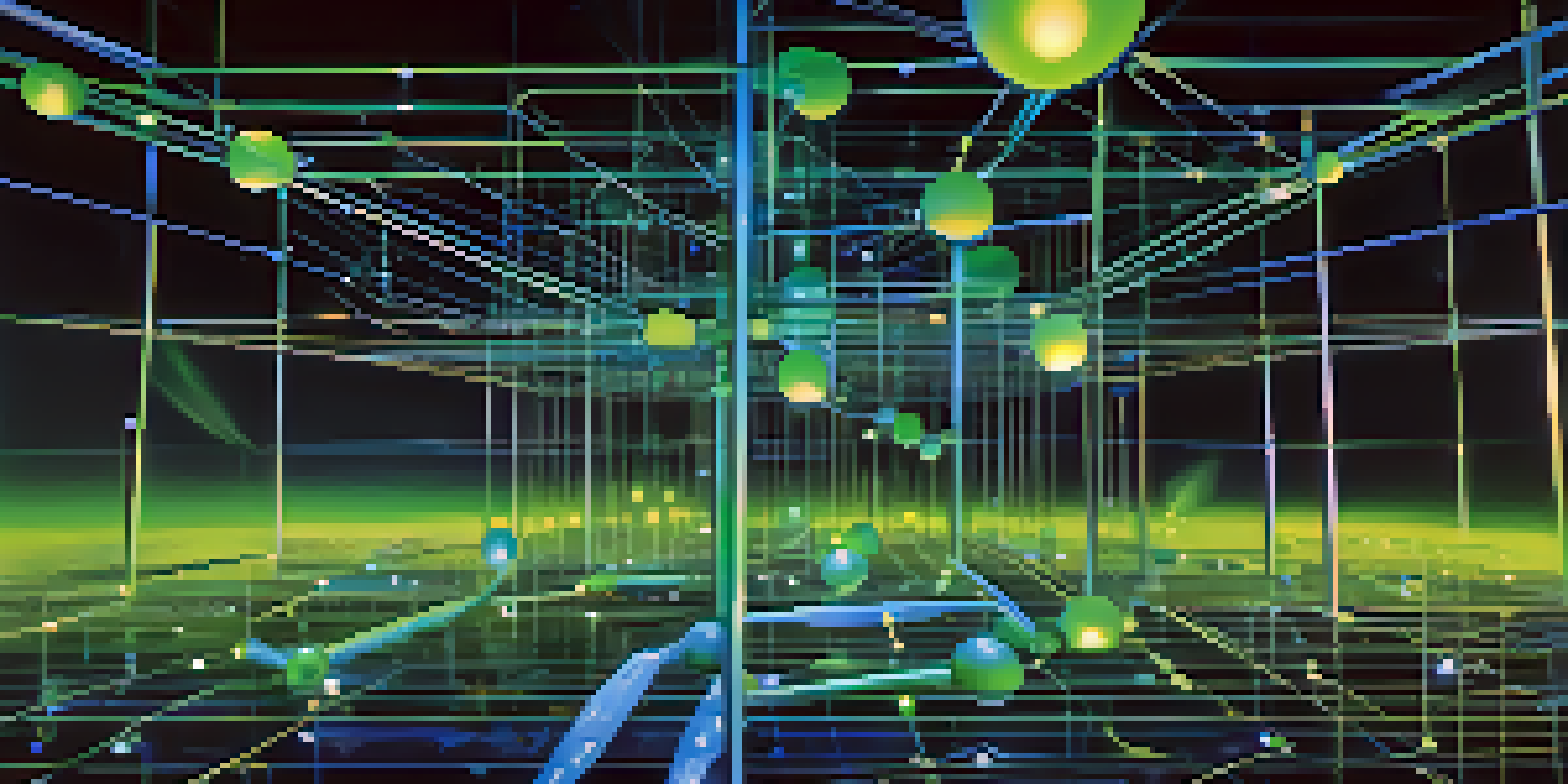 A network of interconnected nodes glowing in blue and green against a dark background, symbolizing decentralized storage.
