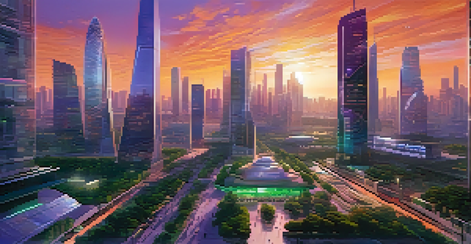 A futuristic city skyline at sunset with high-tech buildings and green spaces, featuring a colorful sky and people interacting with technology.