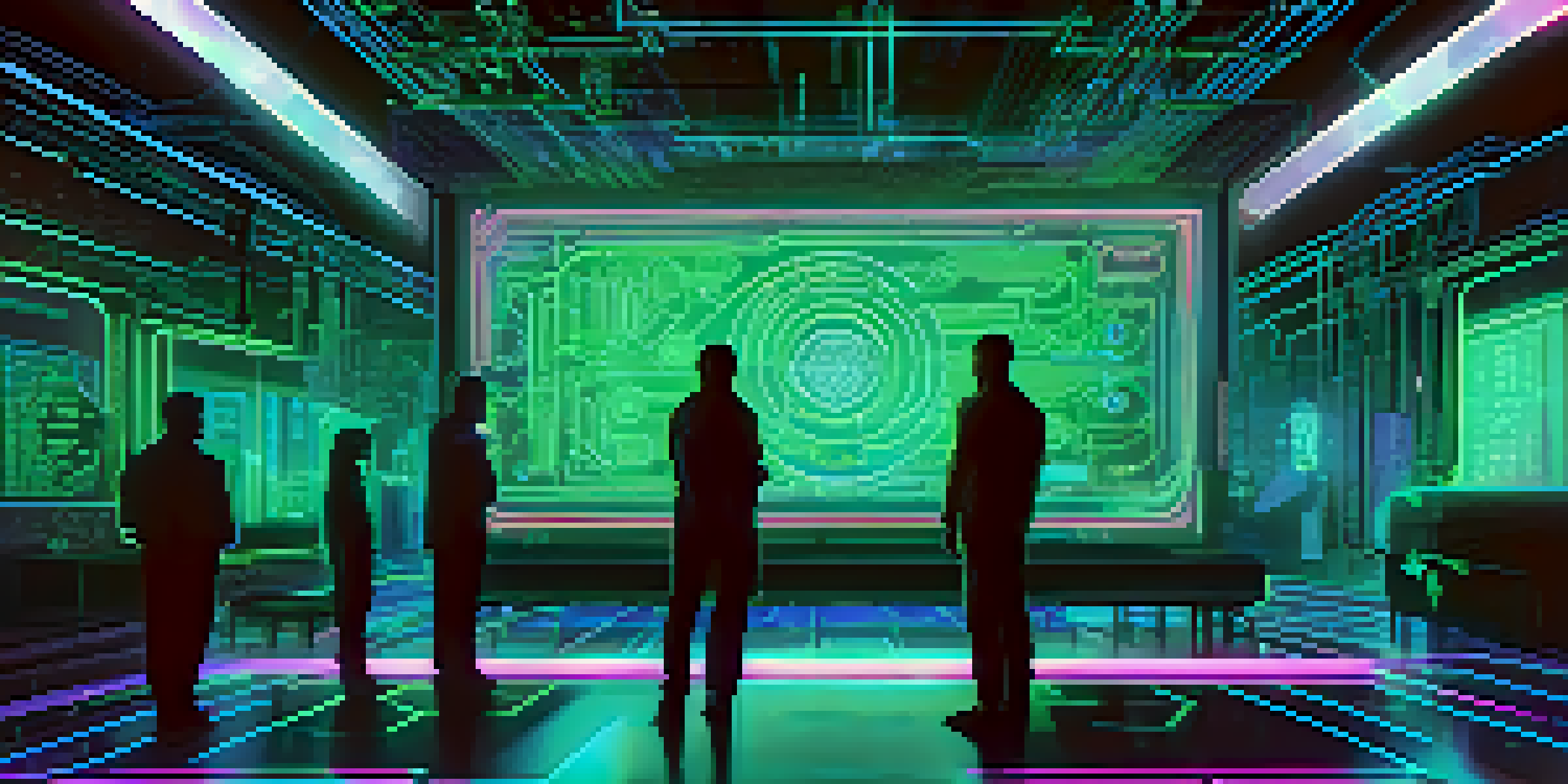 An illustration of a futuristic Ethereum smart contract environment with a glowing blockchain network and intricate circuit patterns in neon colors.