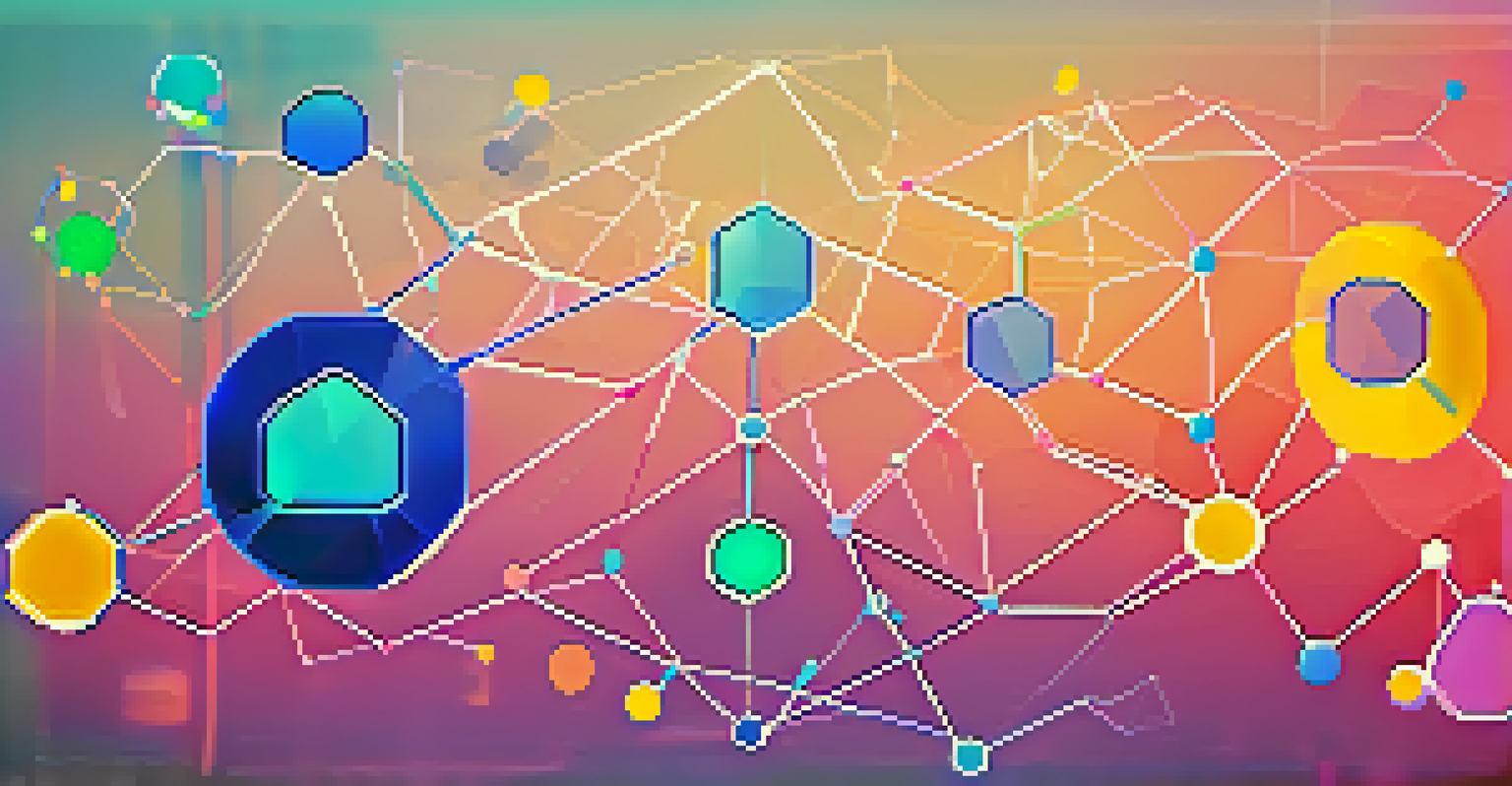 An abstract visual of blockchain technology with interconnected nodes and vibrant colors, representing security in identity verification.