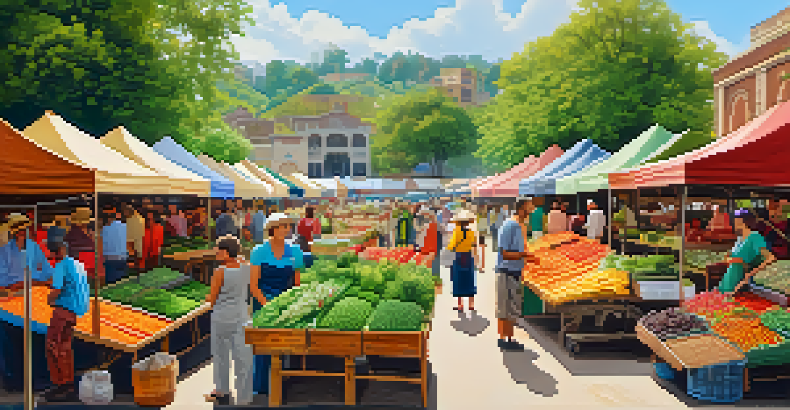 A lively outdoor market scene with local producers selling organic goods, surrounded by nature, promoting community engagement.