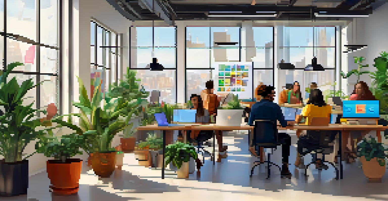 A modern office space with diverse freelancers working on laptops, plants around them, and charts on the walls representing growth.