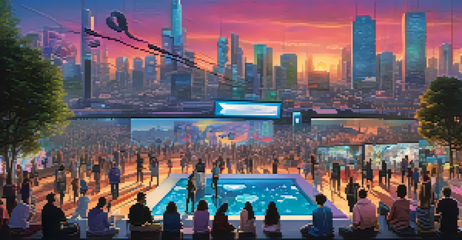 A futuristic scene of artists and musicians collaborating with holographic digital displays in a vibrant city at sunset.