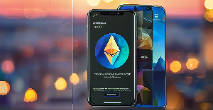 A smartphone displaying a modern Ethereum wallet app with colorful icons and a blurred background.