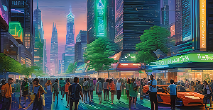 A futuristic cityscape with neon lights and diverse people using technology, symbolizing the Ethereum Mainnet as a hub of innovation.