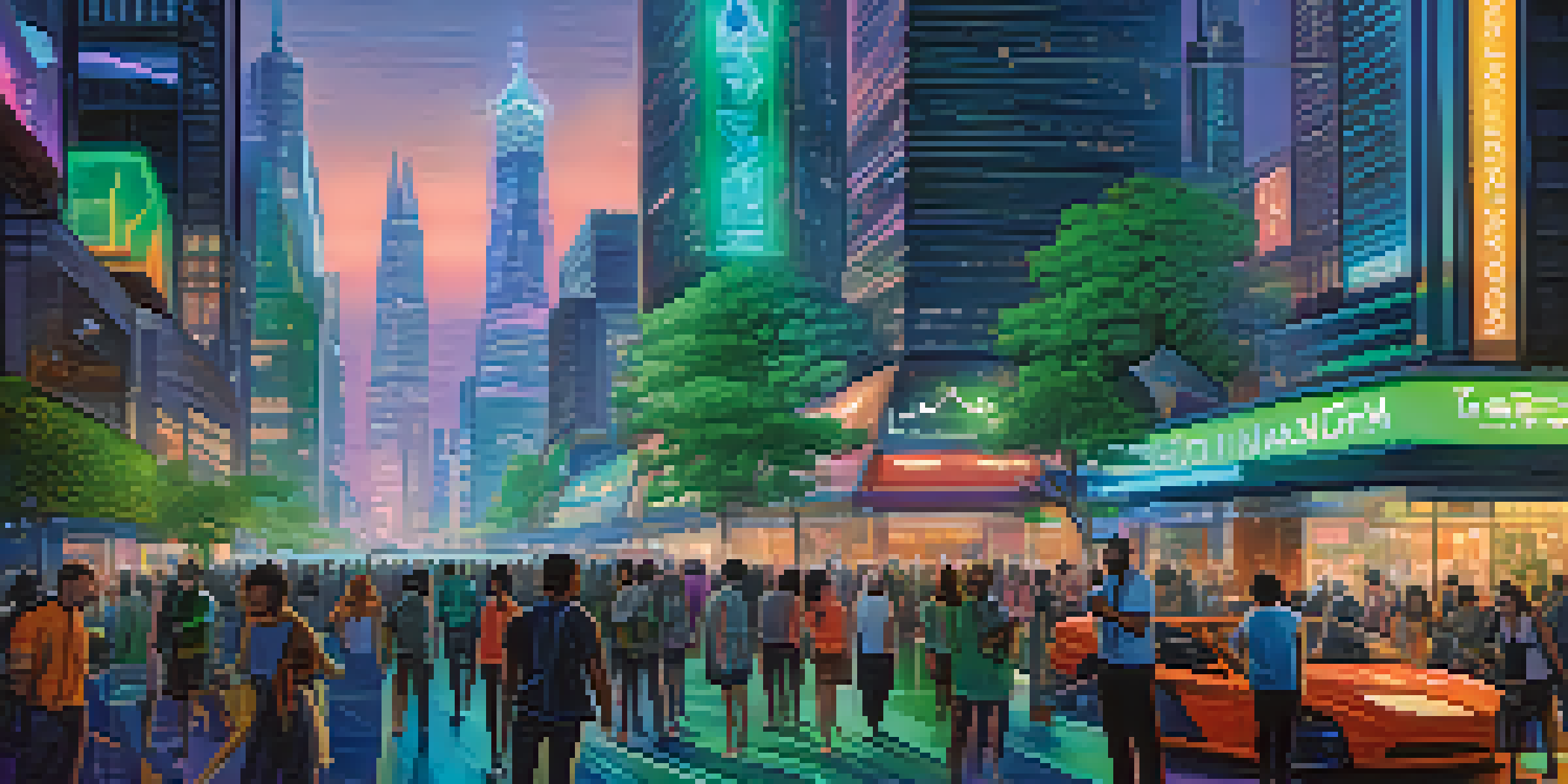 A futuristic cityscape with neon lights and diverse people using technology, symbolizing the Ethereum Mainnet as a hub of innovation.
