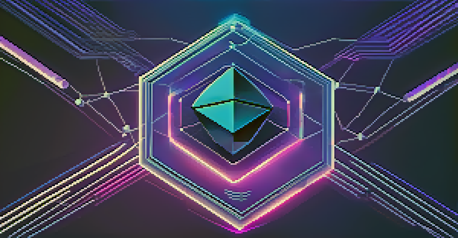 An abstract illustration of Ethereum Layer 2 technology with glowing nodes and blockchain symbols on a gradient background.
