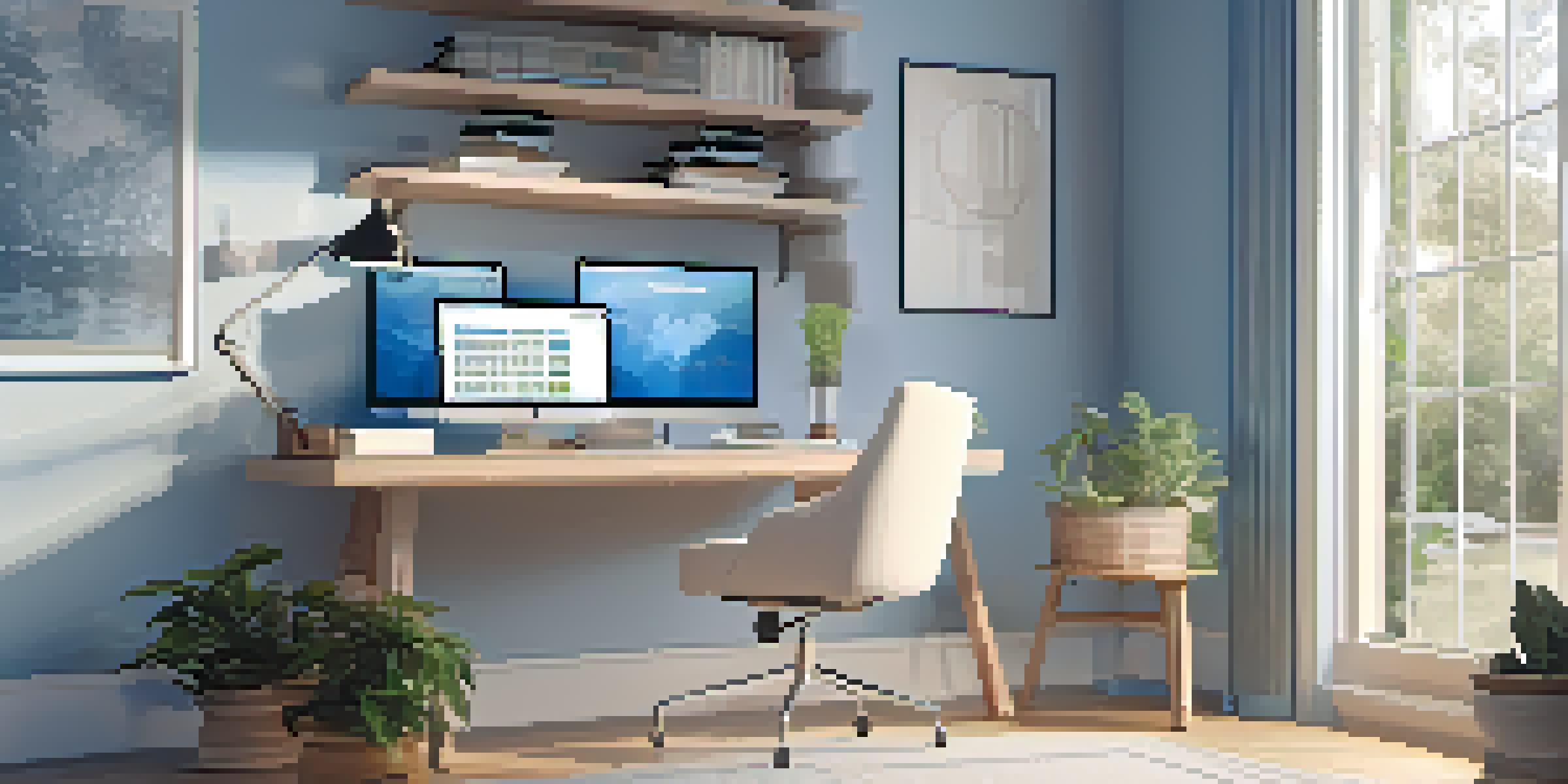 A modern home office with a laptop displaying a blockchain voting interface, natural light, and a potted plant, creating a serene working environment.