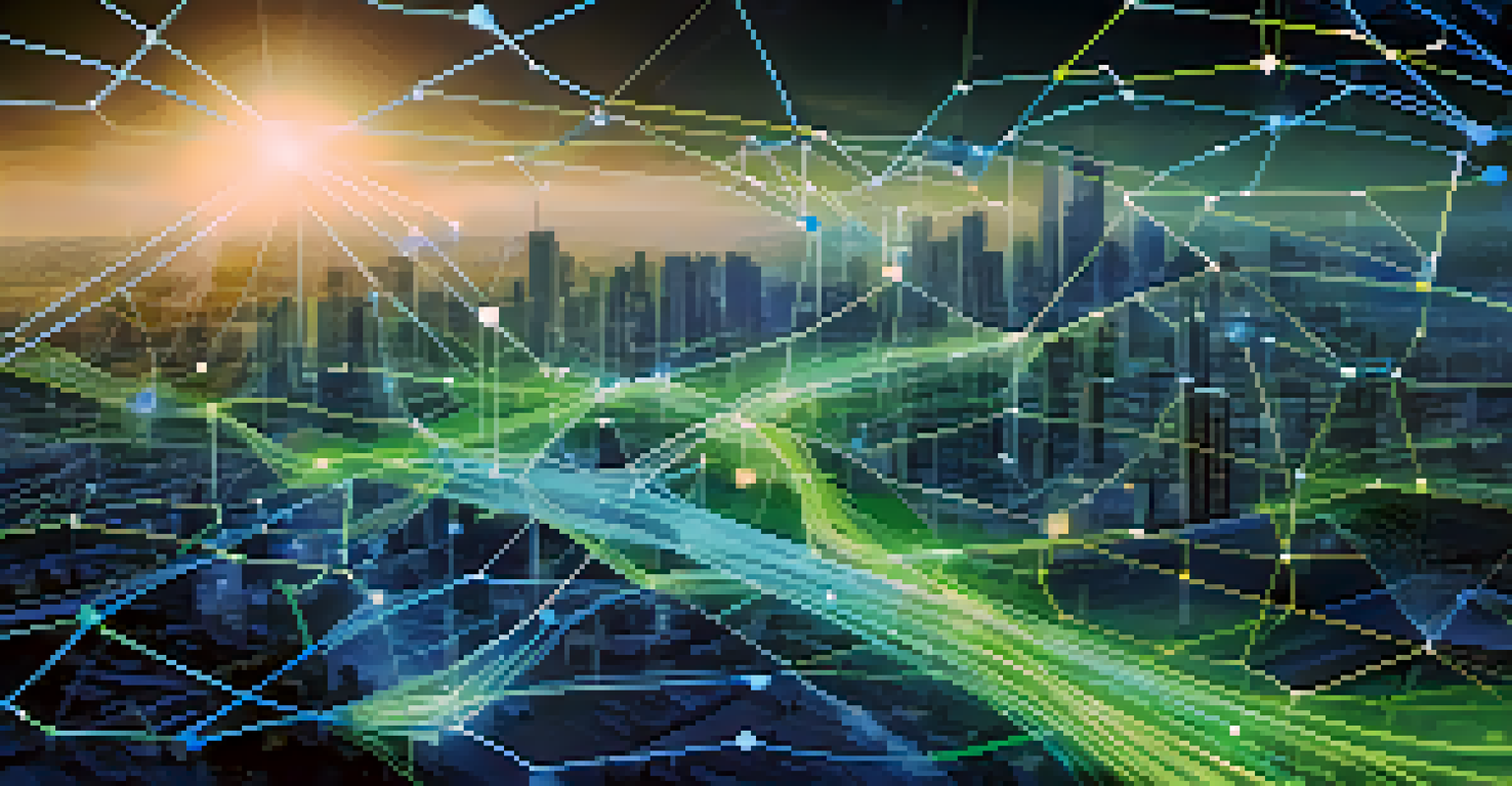 A digital representation of a blockchain network overlaid on a city map, with vibrant colors symbolizing connectivity and transparency in real estate.