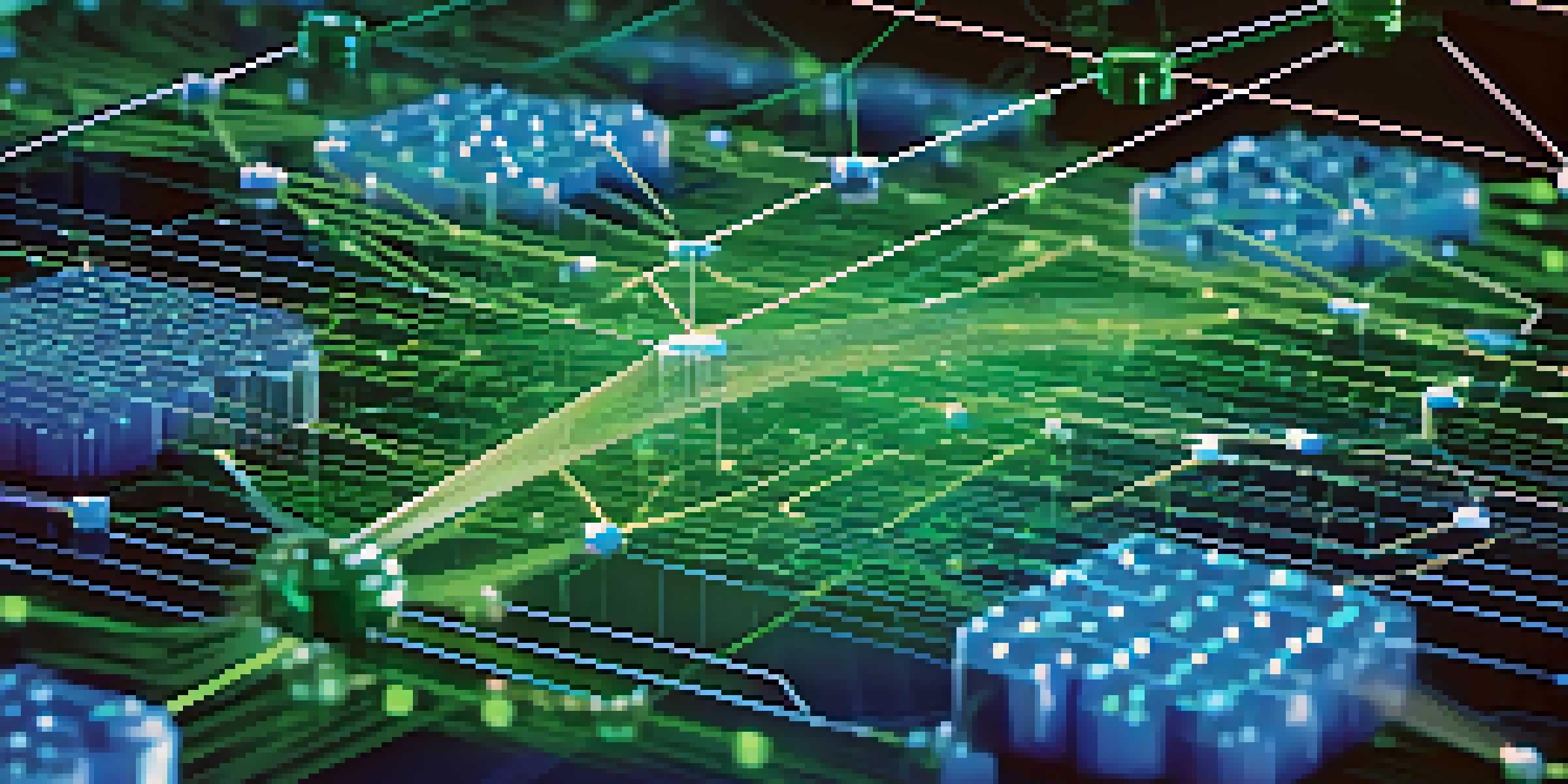 A close-up view of a blockchain network with glowing nodes and connections against a digital background.