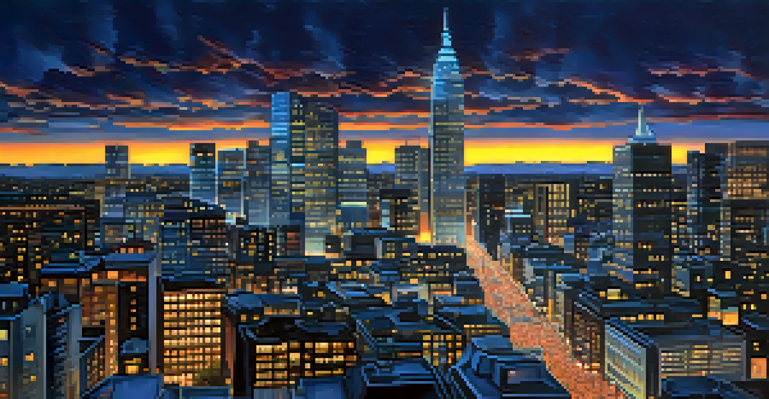 A lively city skyline at twilight with illuminated skyscrapers and busy streets.
