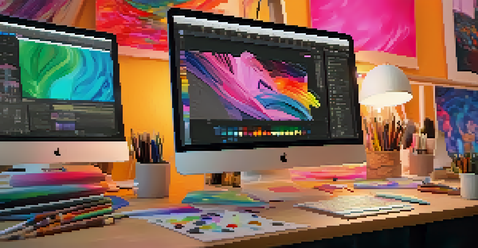 An artist's studio with a computer screen showing digital art, surrounded by art supplies.
