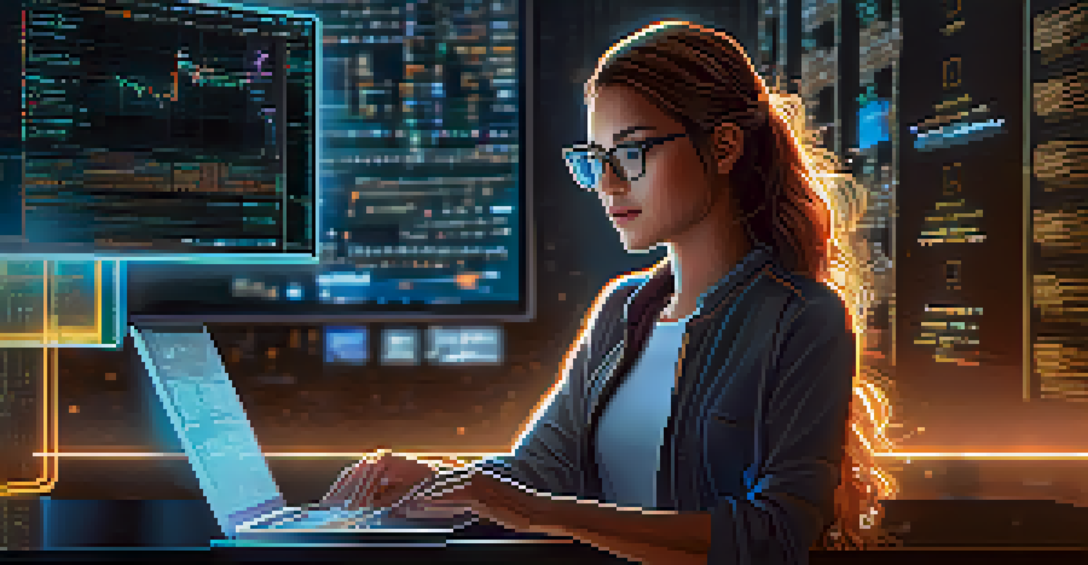 A female blockchain developer focused on her laptop, surrounded by coding books and screens displaying blockchain technology.