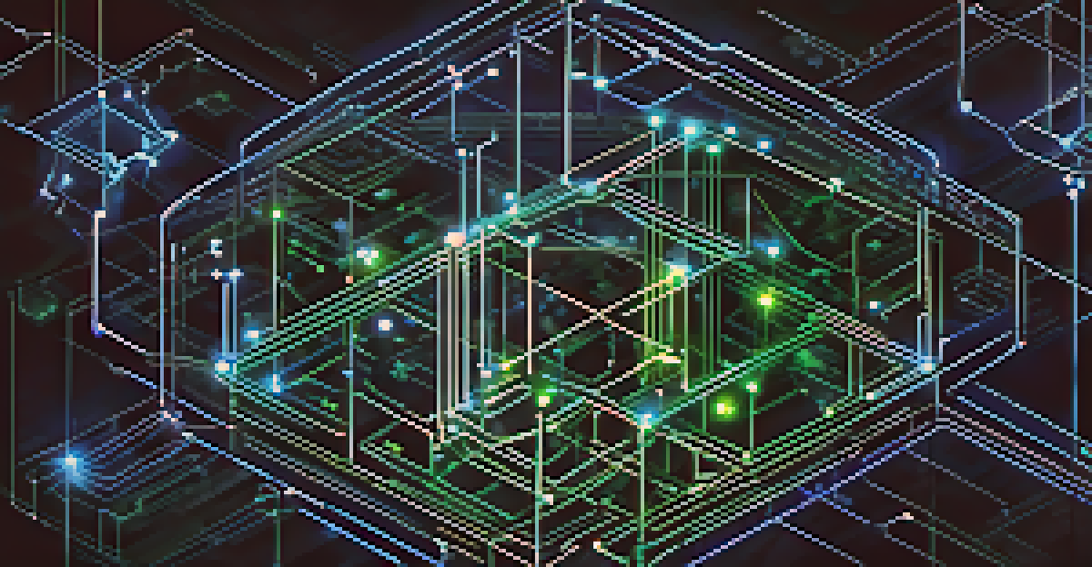 An abstract image showing interconnected blockchain nodes glowing in blue and green, with a dark background of digital elements.