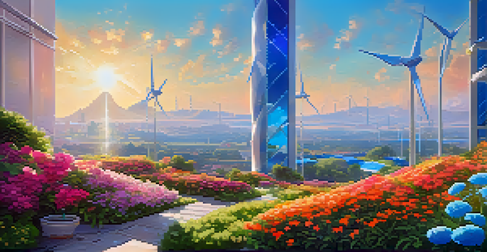 A vibrant Ethereum-themed garden with solar panels, colorful flowers, and a futuristic cityscape in the background under a clear blue sky.