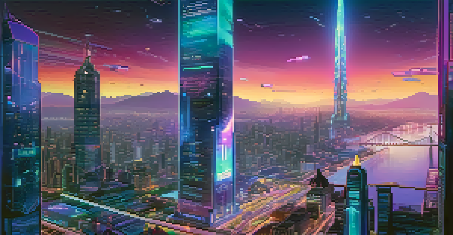 A futuristic city filled with tall buildings and digital screens that show Ethereum tokens, illuminated by neon lights and flying cars in a twilight sky.