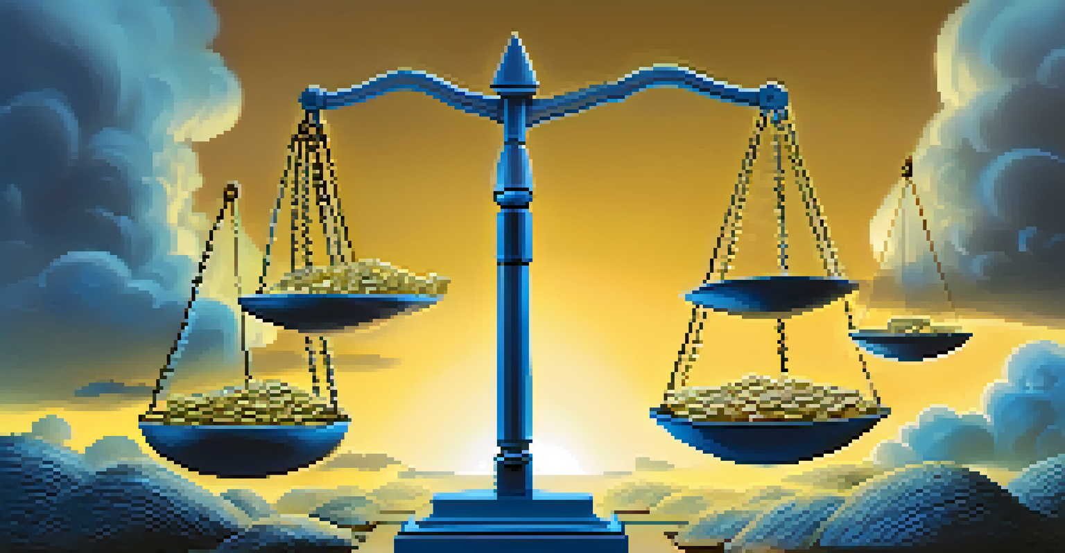 A balancing scale depicting rewards and risks in yield farming, set against a blue and gold gradient background.