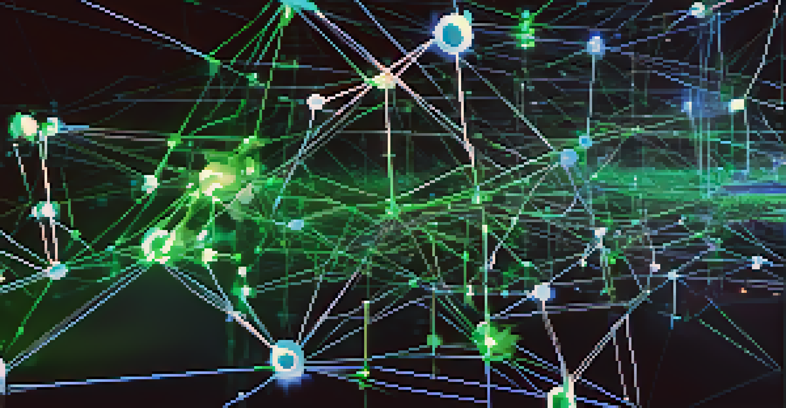 A detailed visualization of a blockchain network with glowing nodes and connections against a dark background.