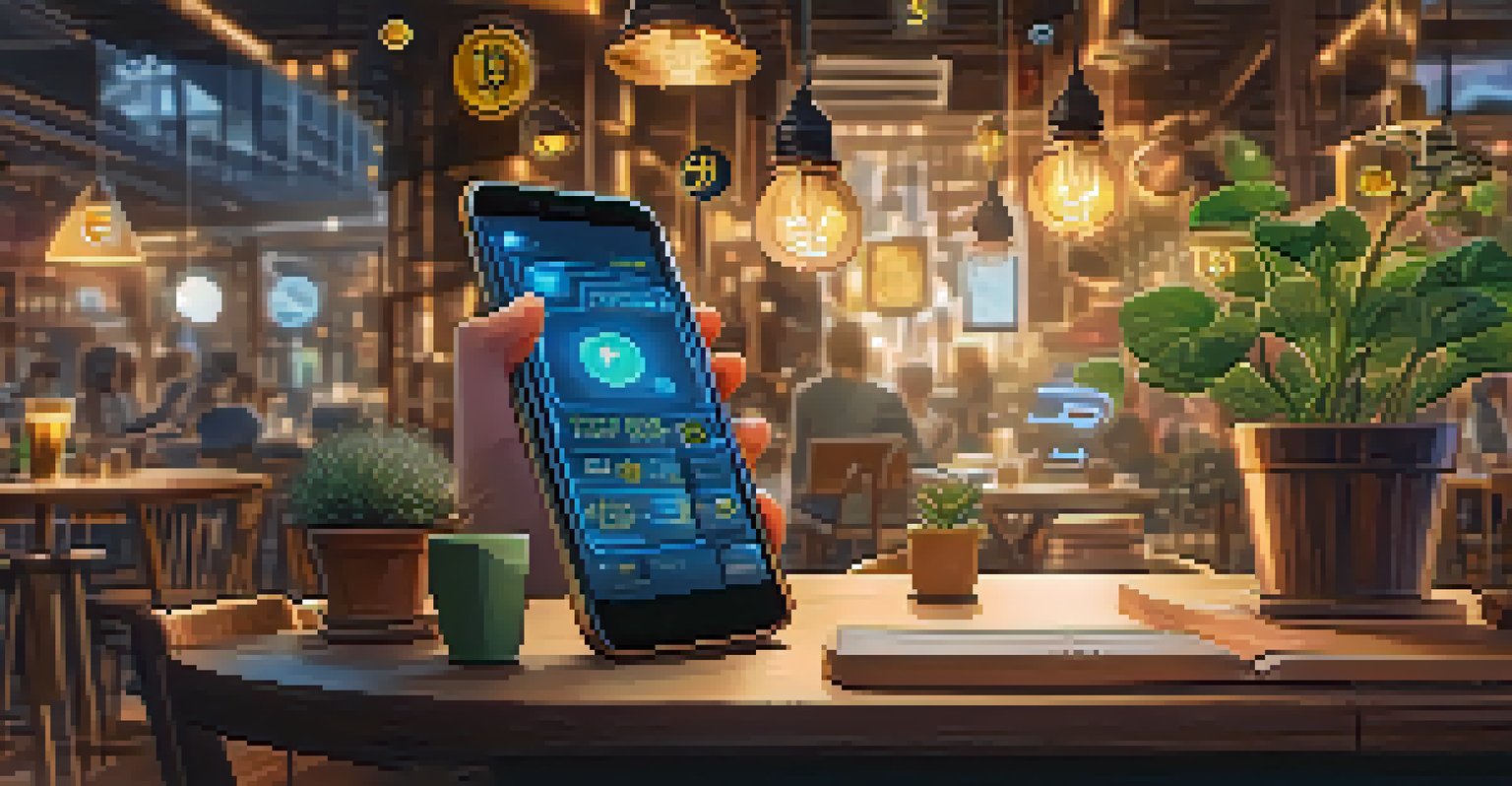A person at a café using a smartphone wallet, with floating cryptocurrency icons around them.