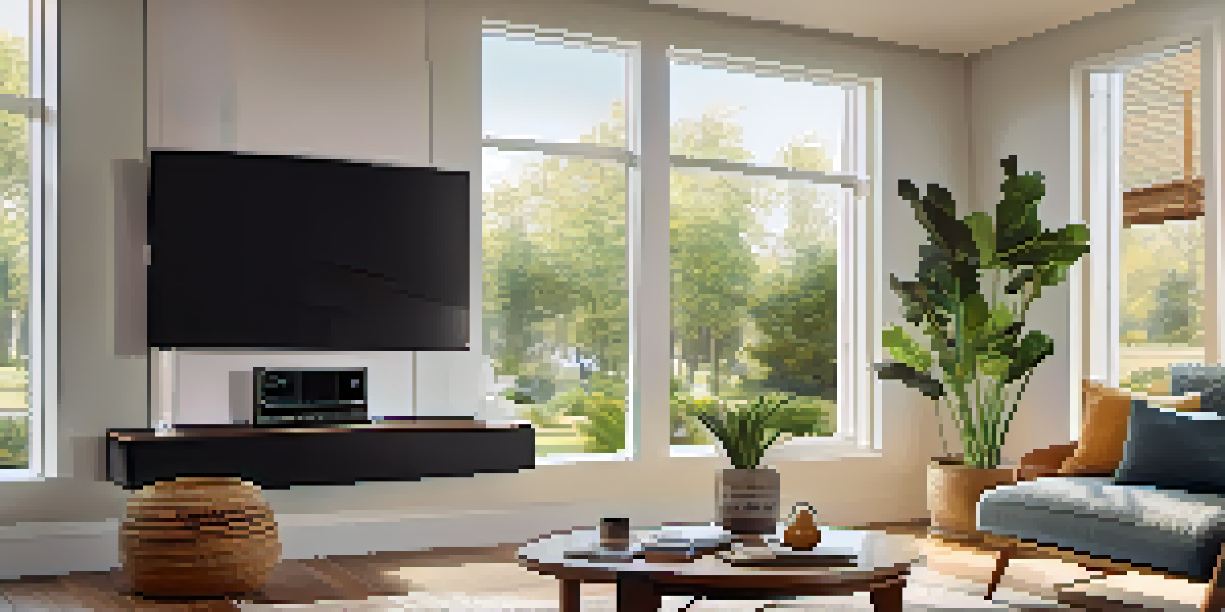 A modern home interior featuring a smart thermostat on a wall, with natural light illuminating the cozy and stylish room.