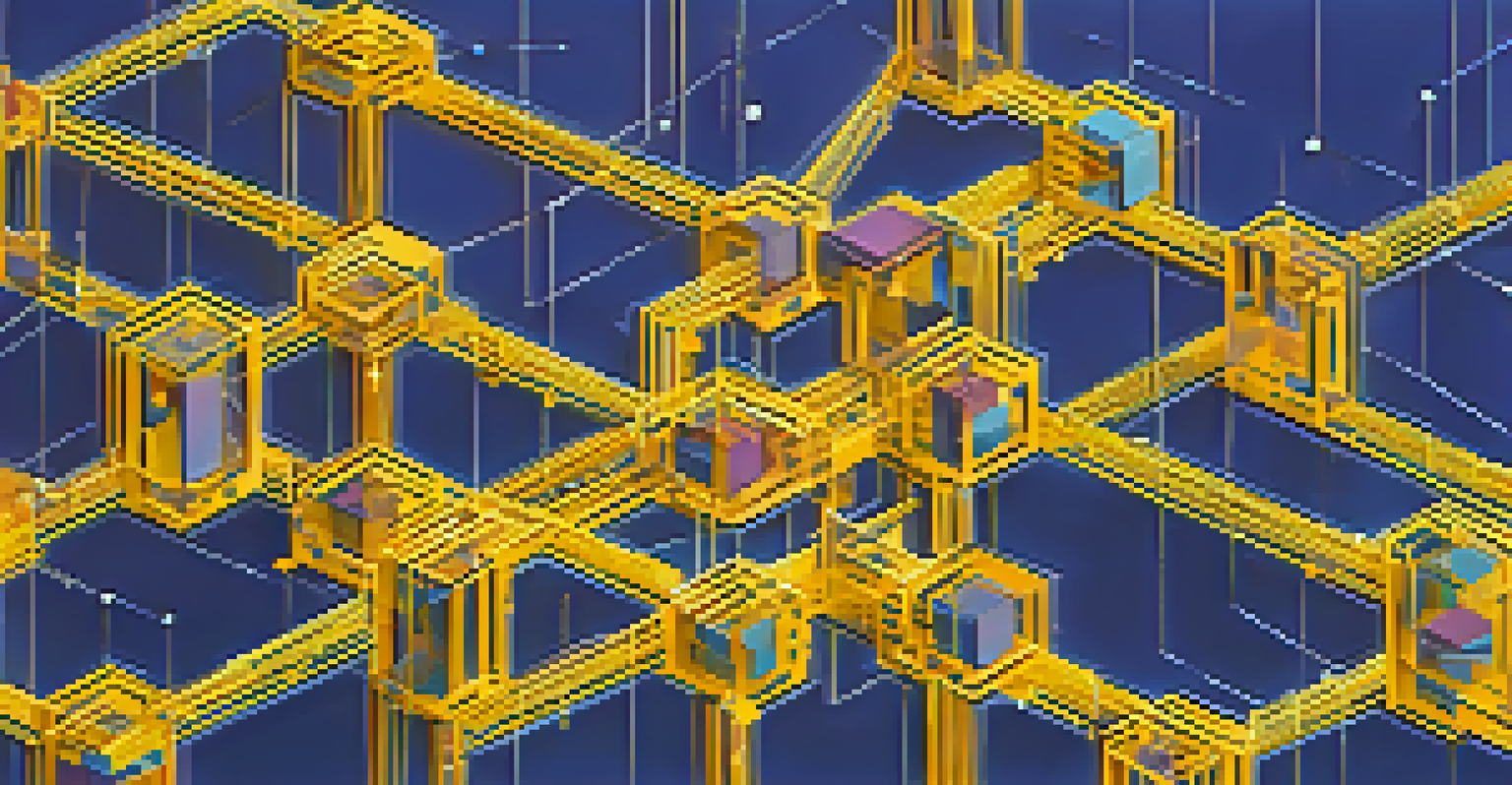 A colorful blockchain network representing decentralized insurance with interconnected nodes shaped like insurance symbols.