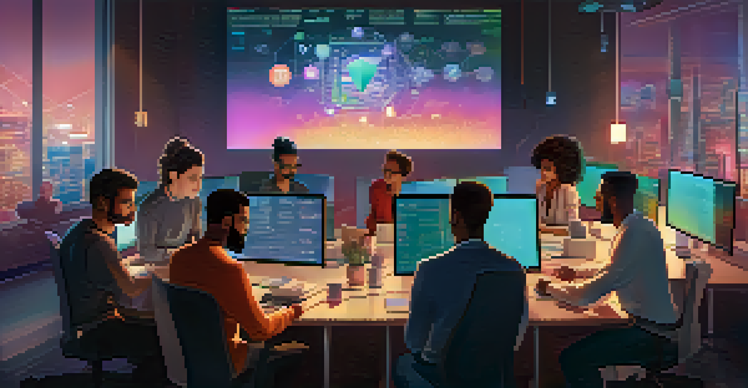 A diverse group of developers collaborating over a holographic screen displaying smart contract code, symbolizing teamwork and innovation.